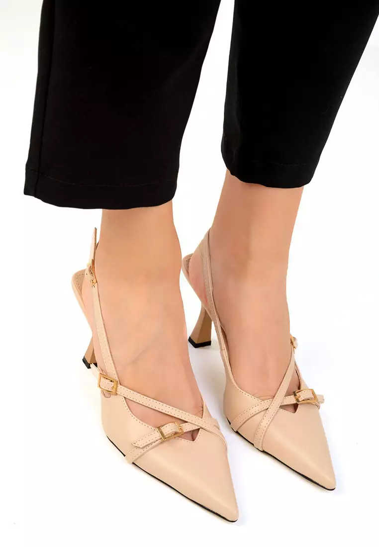 Faux Patent Leather Heels with Buckles Detail