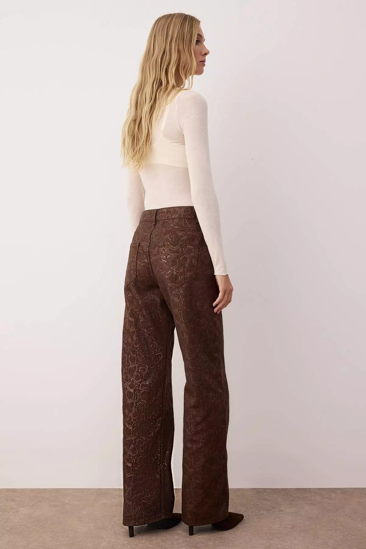 Brown Snake Patterned High Waist Wide Leg Jeans
