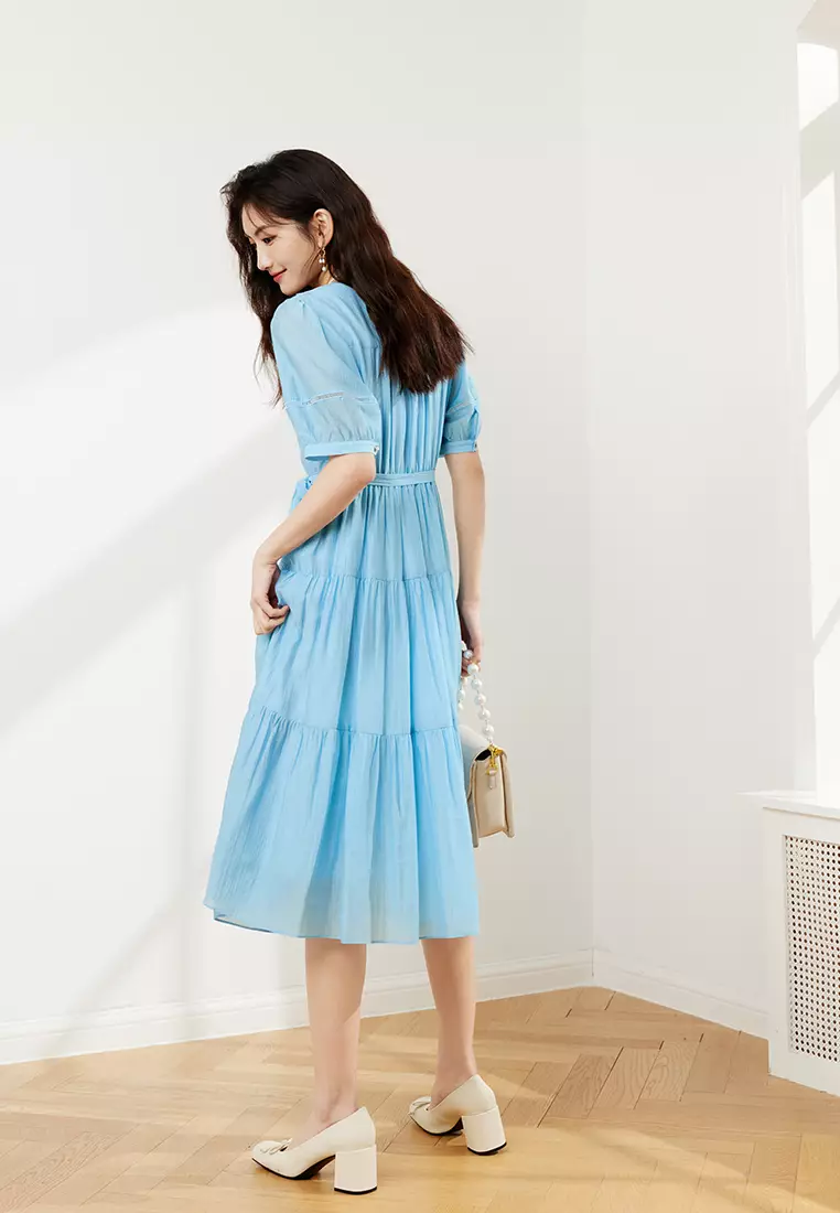 Pleated Button-Front Puff Sleeve Dress