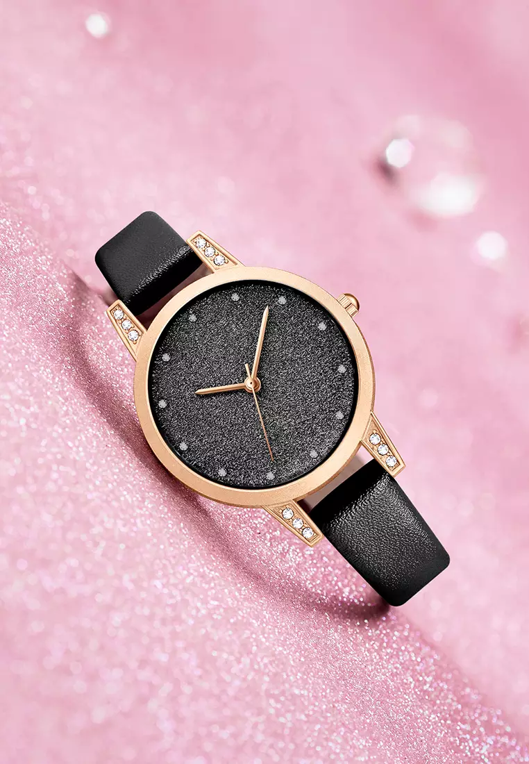 Jam Tangan Wanita Original Korea Mode Tali Kulit Jam Tangan Cewek SL3341 black