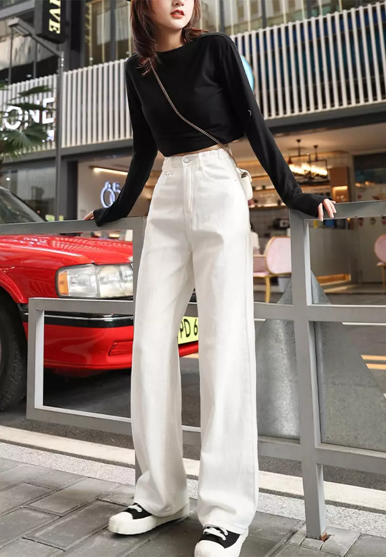 White high waisted loose straight denim trousers CA24032512