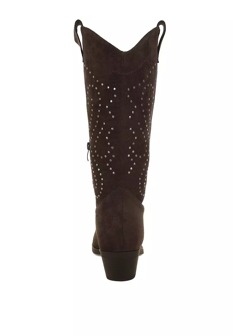Studs Embellished Cowboy Boots in Brown