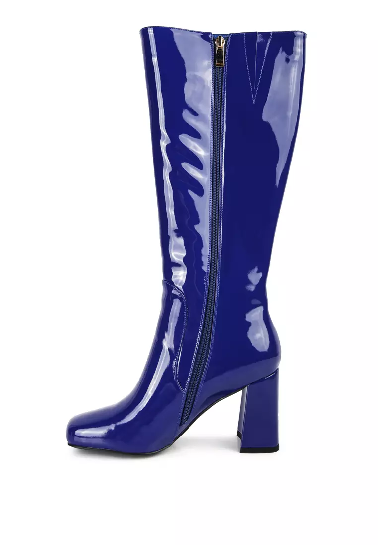 Blue Patent PU Block Heeled Calf Boots