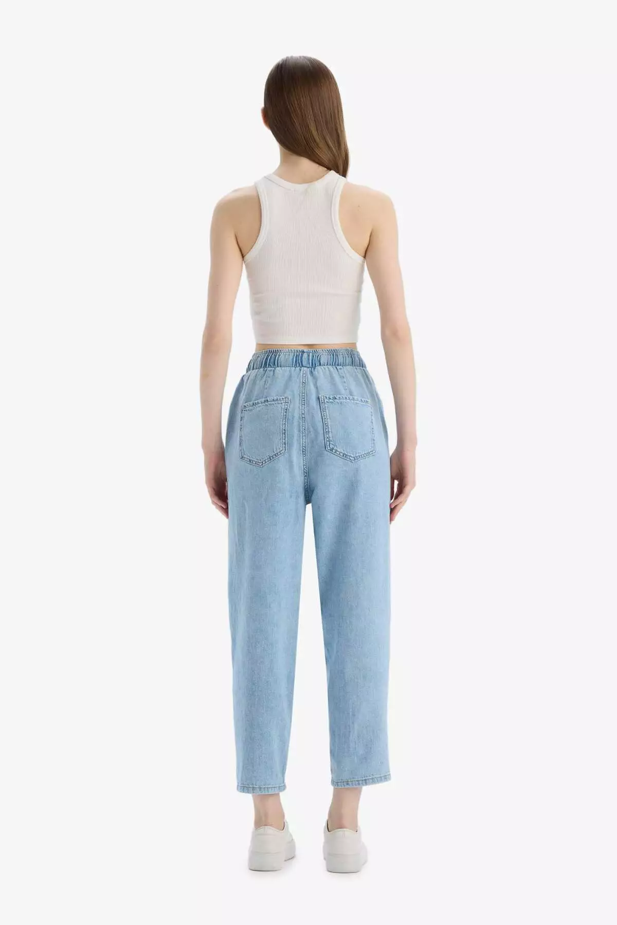 Pull on Paperbag High Waist Jeans, Straight Leg and Soft Long Jeans Pants E0733Ax25Sm