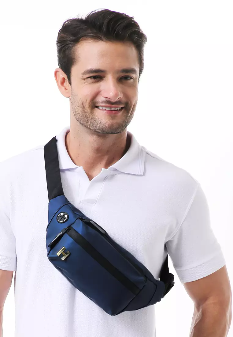 Roger Tas Selempang Pria Tahan Air Waistbag with Hole for Earphone Material Oxford ORIGINAL - Blue