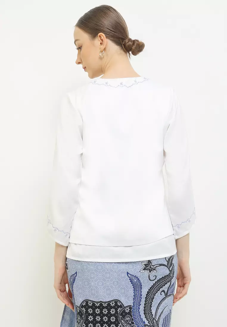 Blouse Atasan Kebaya Kutubaru Modern Wanita Kartini Kirani White Lengan Panjang