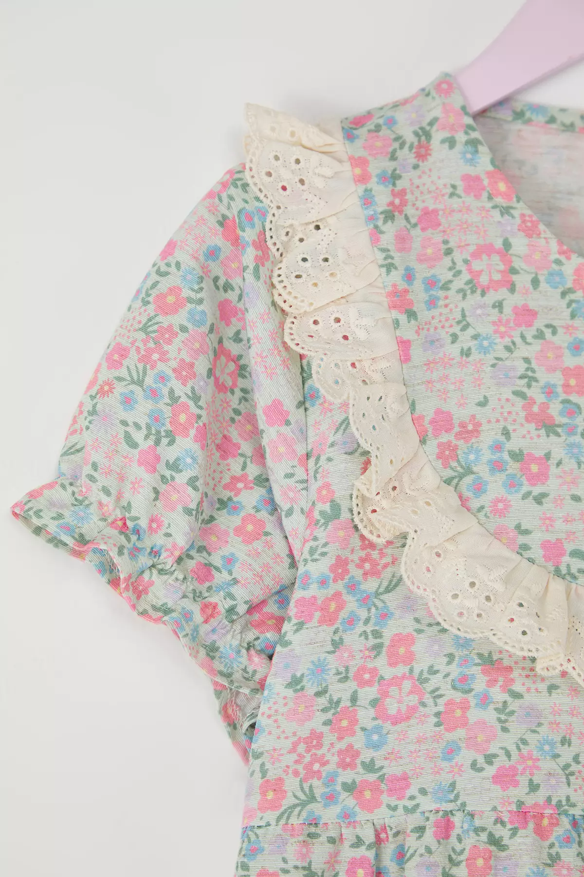 Mint Girl's Floral Embroidery Short Sleeve Mini Dress