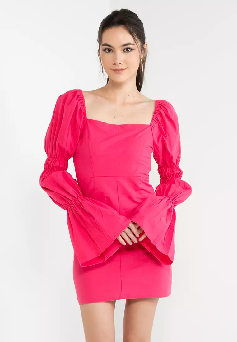 Buy KNUE Lantern Sleeves Pleated Dress Online