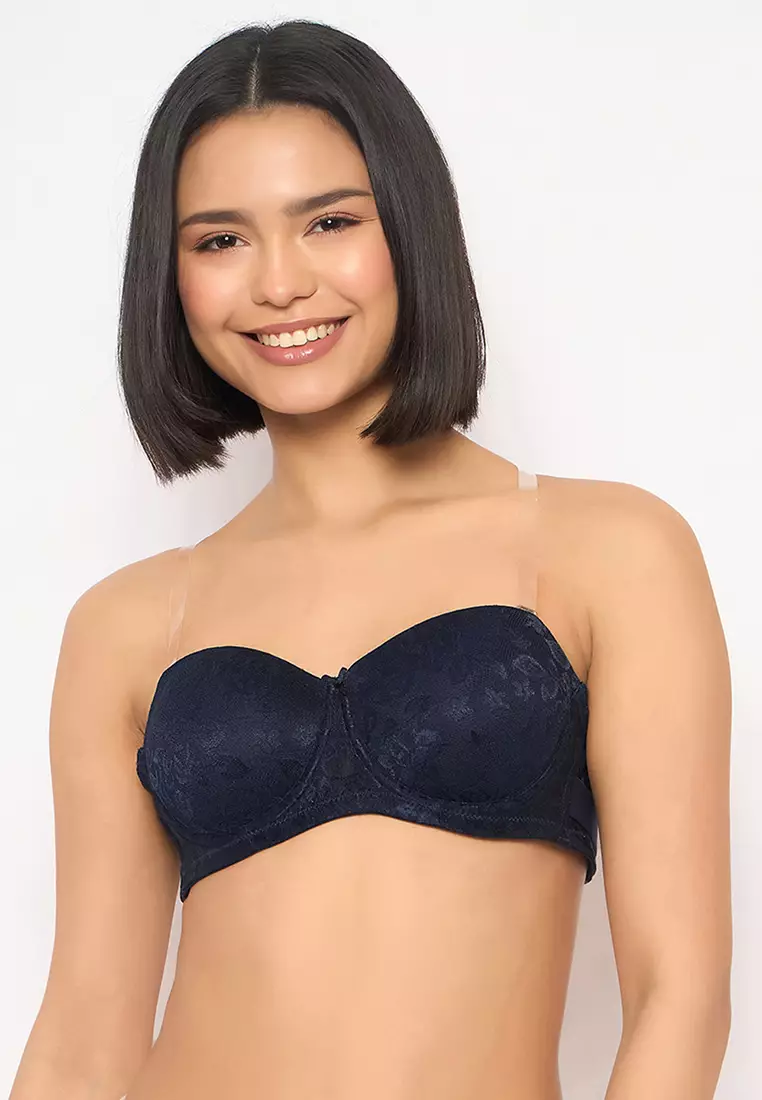 Clovia Invisi Padded Underwired Full Coverage Strapless Balconette Bra in Navy with Transparent Straps & Band - Lace