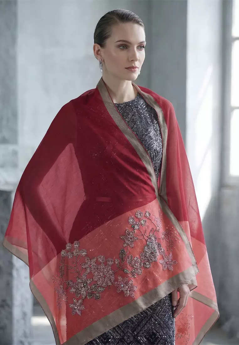 Aksesoris Syal Pesta Wanita Floral Pattern Studs Embellish Silk Shawl Syal Sutra Wanita Evening Shawl Scarlet Red