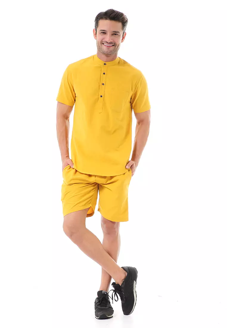 Vincent Kurta Set Pendek Motif Polos Setelan Pria Short Sleeve Material Cotton ORIGINAL - Mustard