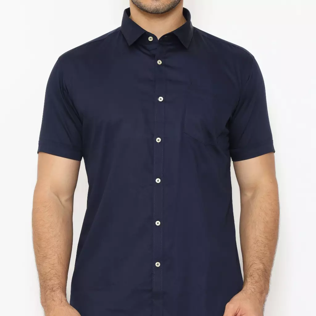 SCHOELLER VIVALDI-MSS Kemeja Pria Lengan Pendek Polos Slim Fit Warna Biru Tua