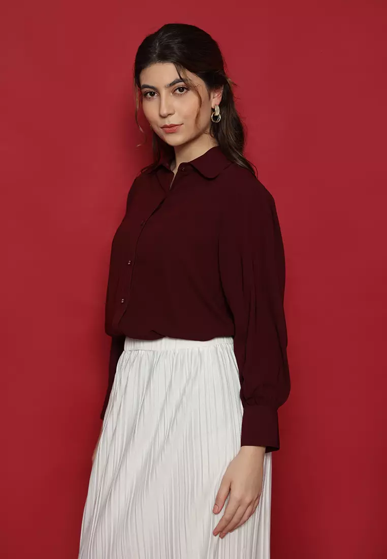 Plain Shirt Maroon Long Sleeve By Brilliant Girl Warna MARUN