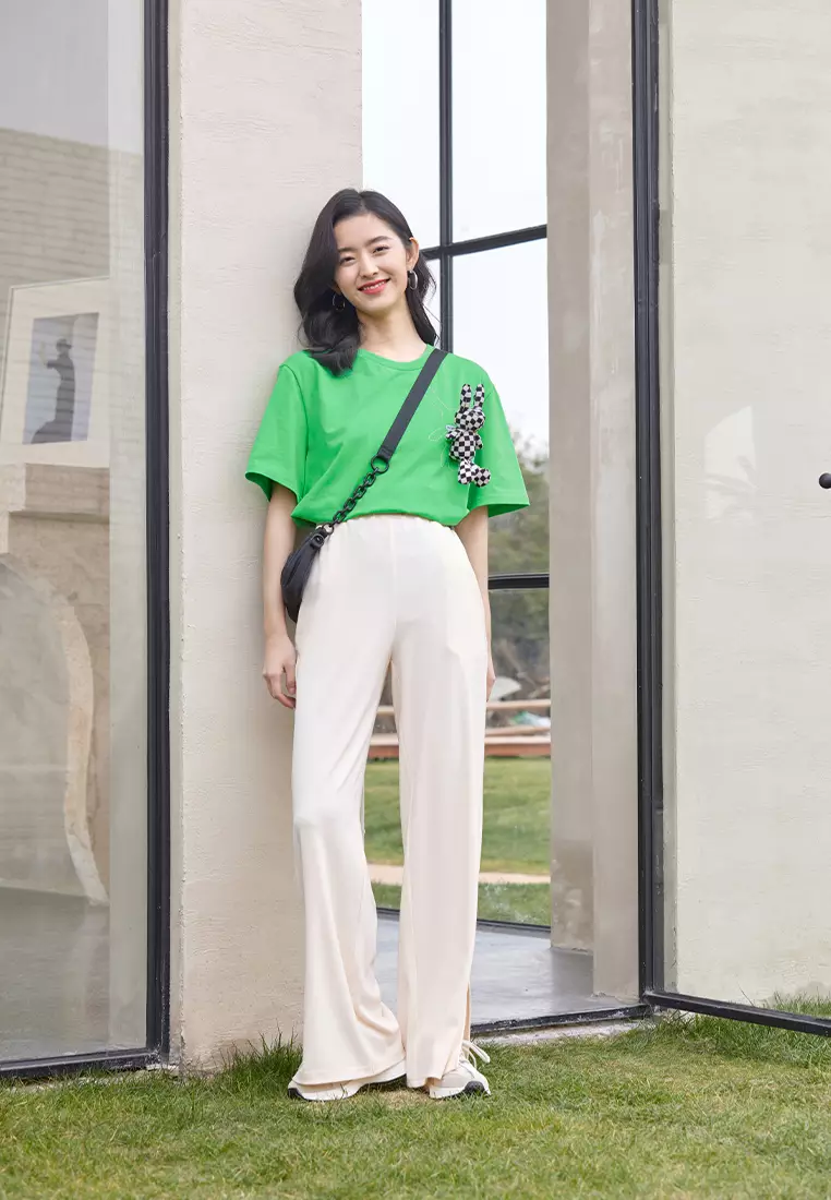 High Waist Cotton Pants with Slit Hem