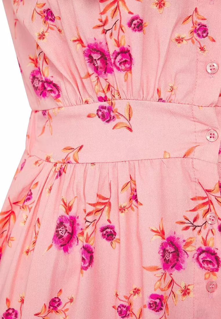 Pink Floral Poplin 100% Cotton Bebe Collar Midi Woven Large Size Dress Tbbss25Ah00158