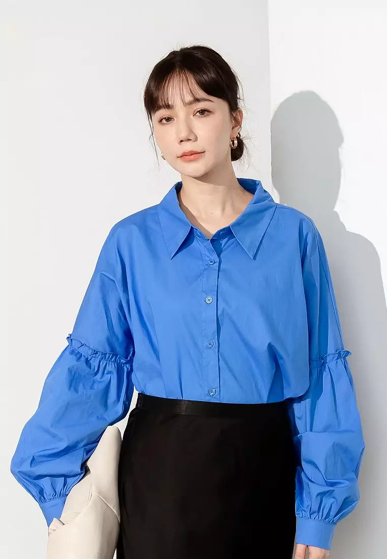 純棉小荷葉邊裝飾泡泡袖襯衫《AB19863》