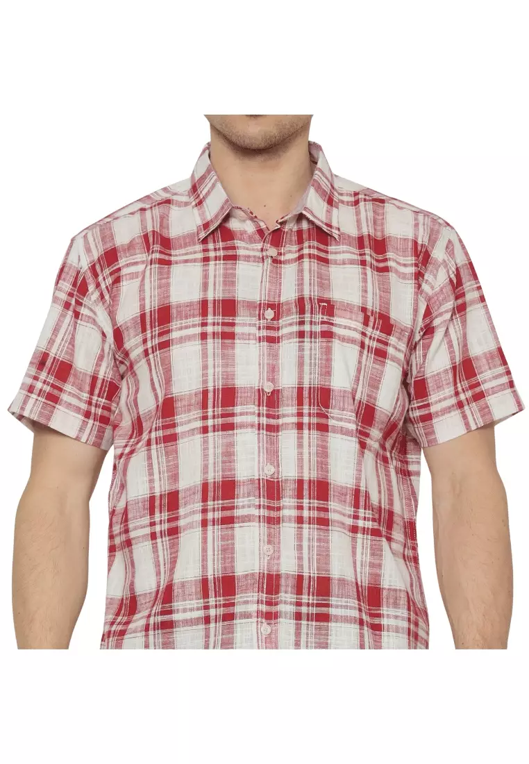 POLICE Kemeja Kotak Cotton Slub Merah Regular Fit Pria