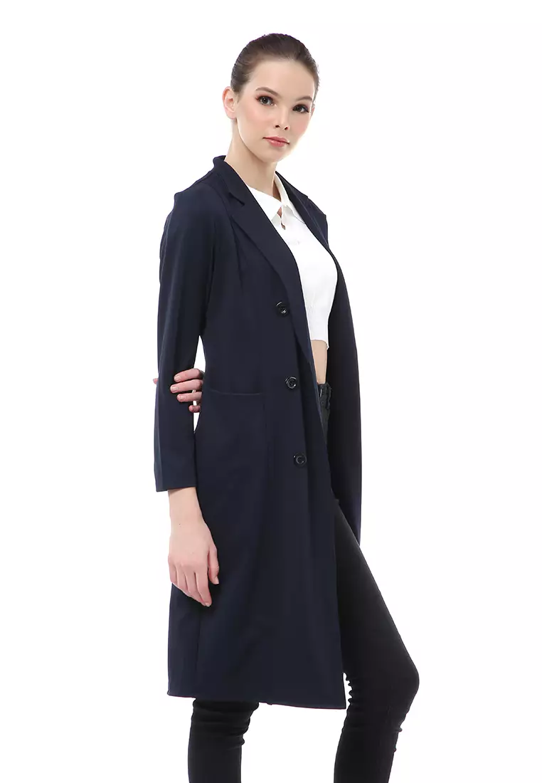 Myra Outerwear Wanita Long Blazer Desain Kancing Plain Motive Material Wedges ORIGINAL - Dark Navy
