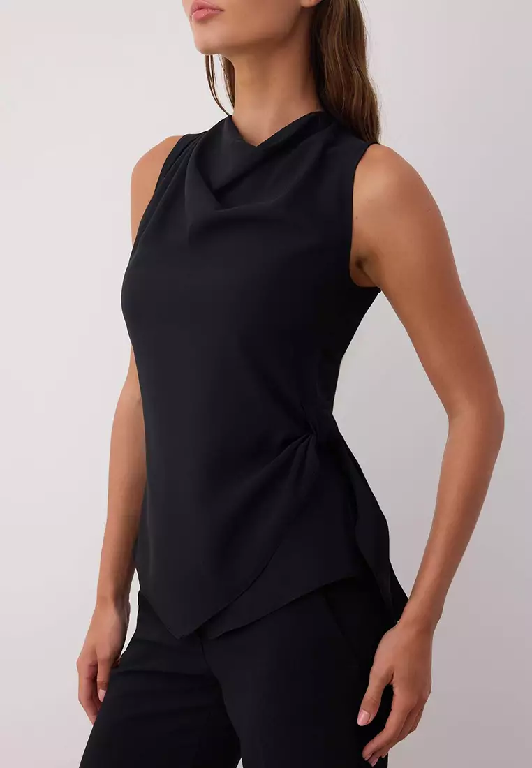 Black Sleeveless Satin Tie Detailed Woven Blouse