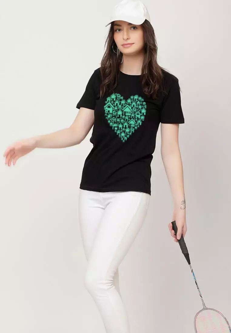Heart Design Relaxed Short Sleeve Stylish Black Cotton Casual Graphic Print Tee/TShirt