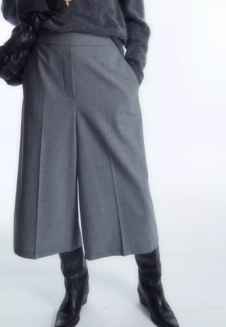 Wide Leg Wool Blend Cropped Trousers