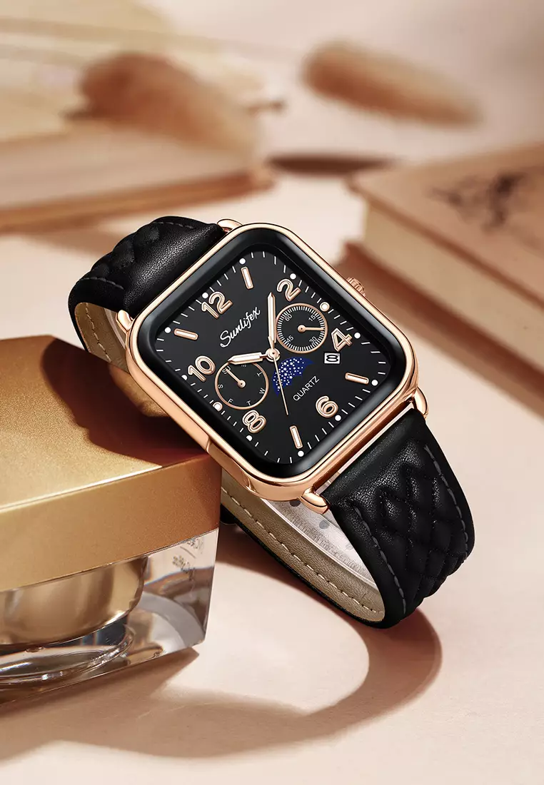 Jam Tangan Wanita Korean Kasual Mode Tali Kulit Kuarsa Jam Tangan Cewek Original allblack