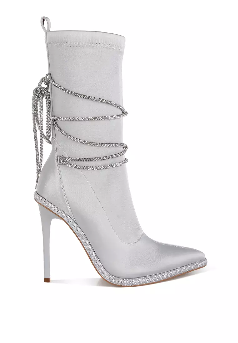 London Rag Rhinestones Strap Satin Calf Boots in SIlver
