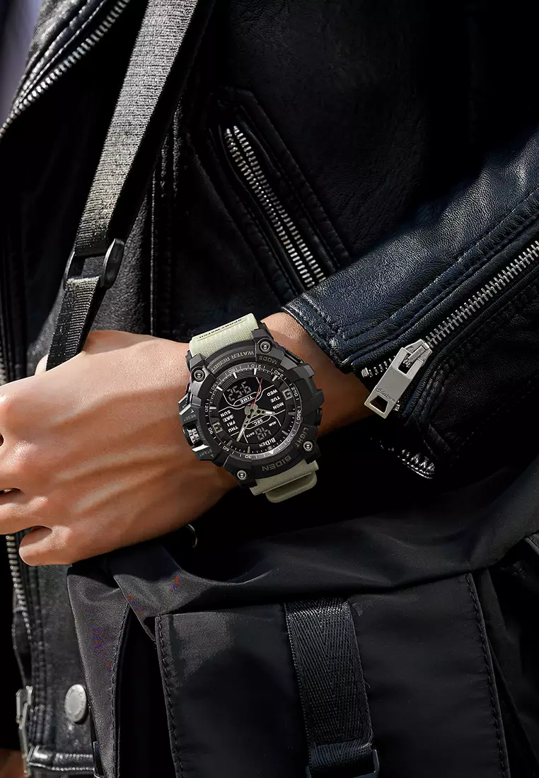 BIDEN Jam Tangan Pria Militer Tali Silikon Analog&Digital Display Jam Tangan Cowok KhakiBlack