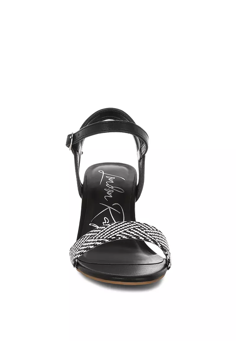 Raffia Pin Buckle Block Heels In Black