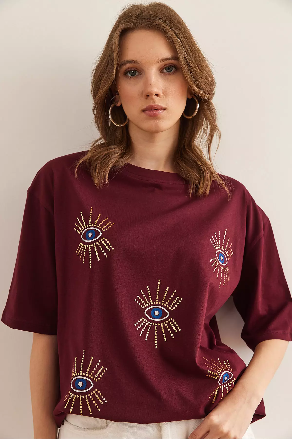 Women's Burgundy Eye Printed Foil Detailed T-Shirt Tsh- 19000770
