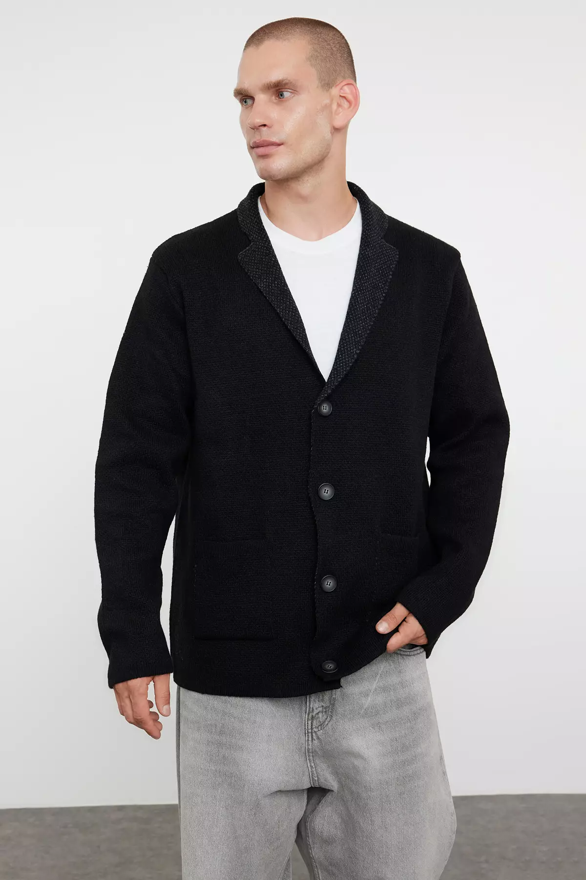 Black Regular Woolen Jacket Collar Plain Knitwear Cardigan Tmnaw22Hi0140