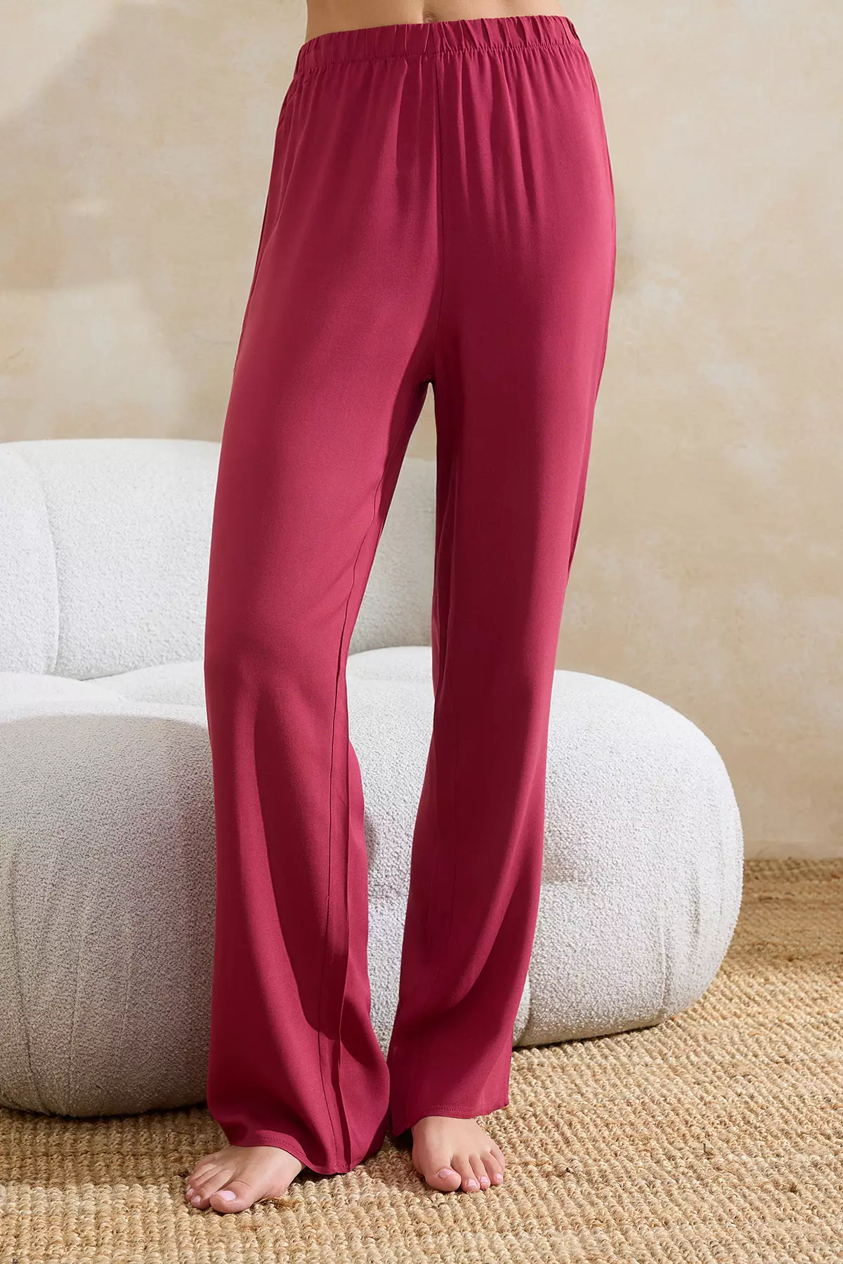Burgundy Double-Breasted Collar Tie Detail Viscose Woven Pajama Set Thmss26Pt29