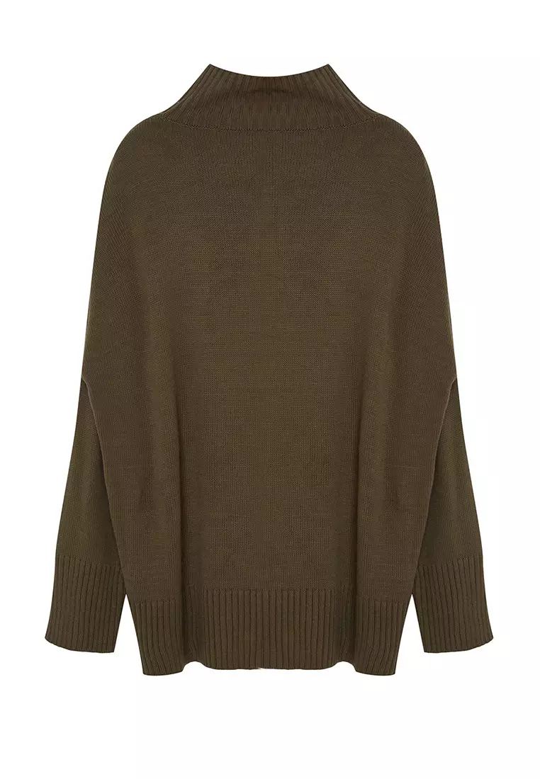 Khaki Turtleneck Off Shoulder Knitwear Sweater Tbbaw23An00136
