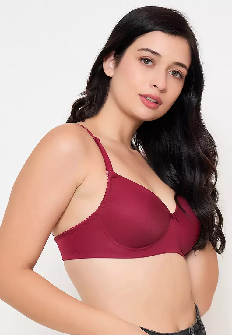 Clovia Padded Non-Wired Full Cup Self Striped Multiway T-shirt Bra in Maroon
