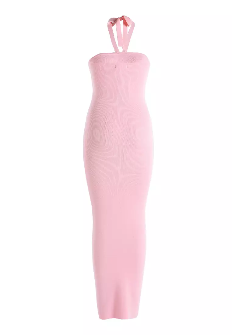 Halter Neck Bodycon Maxi Dress in Pink