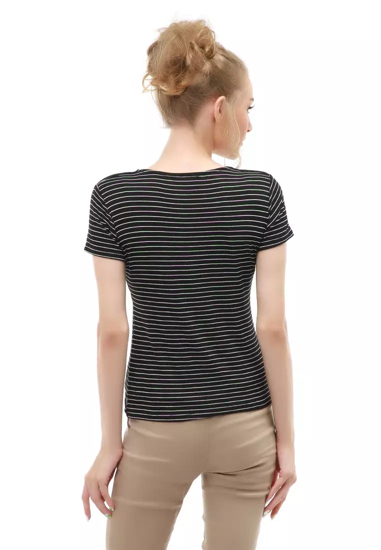 Genevie Blouse Kasual Wanita Lengan Pendek Model Salur Variasi Kerut Tengah Material Cotton ORIGINAL - Black