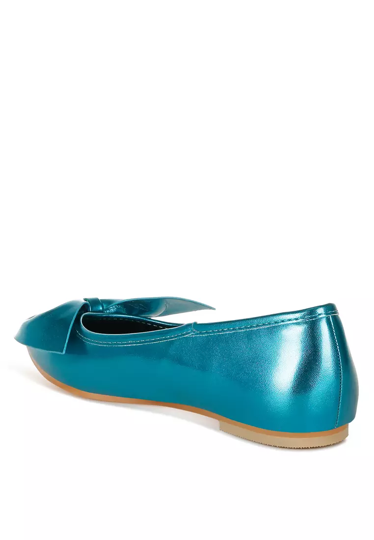 Metallic Pleather Bow Ballerinas in Blue