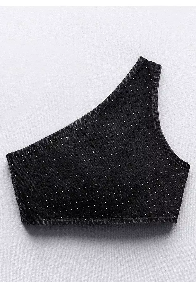 One Shoulder Rhinestone Denim Crop Top