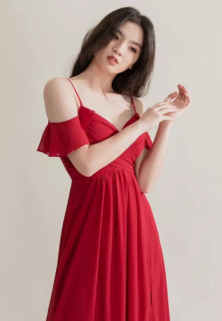 Cold shoulder new arrivals chiffon maxi dress