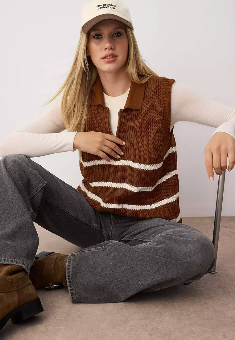 Brown Zippered Striped Polo Neck Sweater Sweater