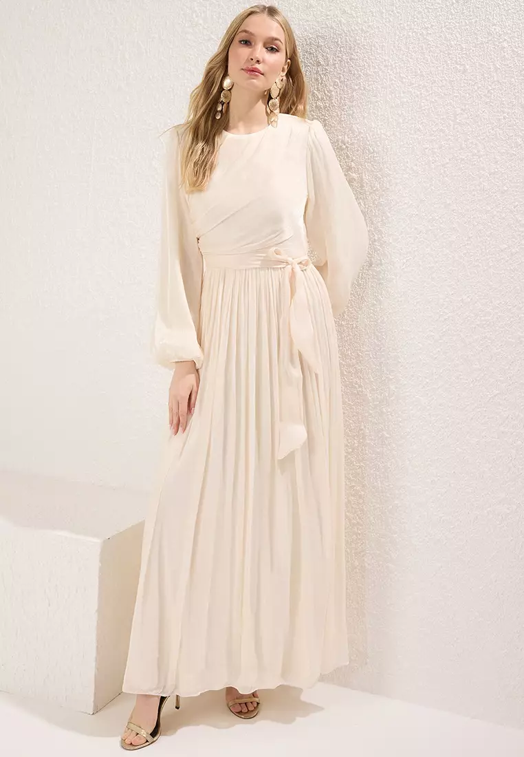 Ecru Belt Detail Glittery Lined Chiffon Wedding/Bride Evening Dress TCTAW25DB00012