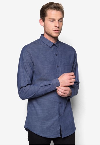 Navy Slub Textured Long Sleeve Smartesprit台灣門市 Shirt, 服飾, 素色襯衫