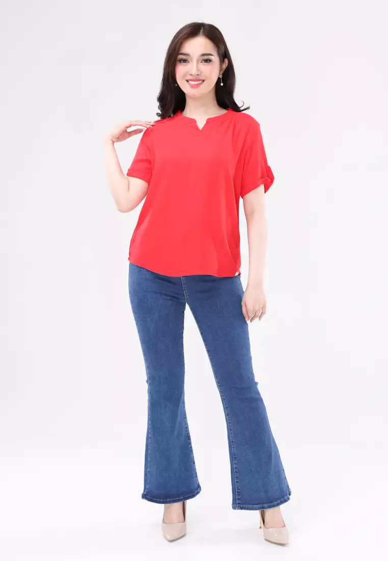 Bold Twill Short Sleeves Collared Blouse