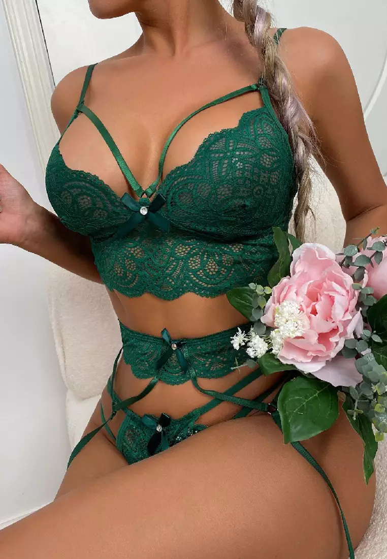 LYCKA LEB100105 Lady Sexy Bra Top and Panty Two Pieces Set Green