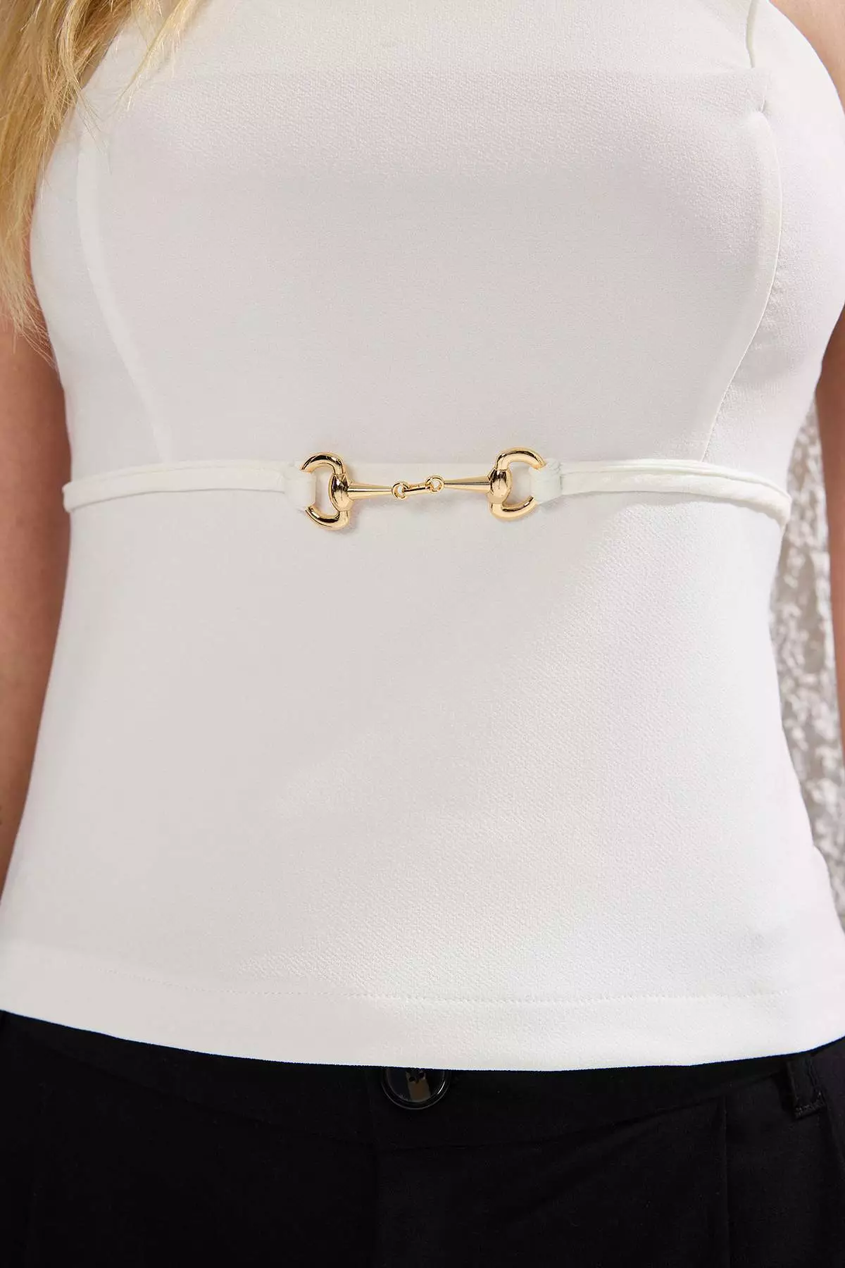 White Strapless Fitted Slim Ornamental Belt Detail Blouse