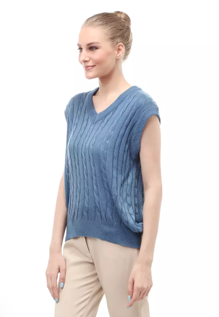 Urice Vest Rajut Atasan Wanita V-neck Sleeves Design Elegant - Denim