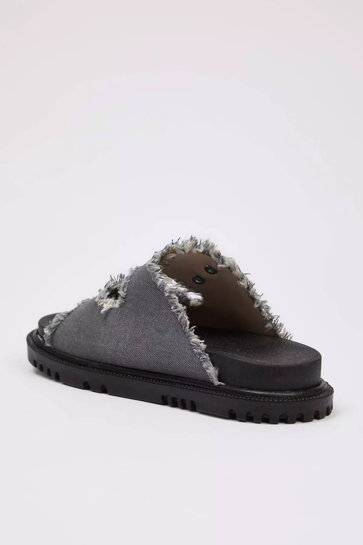 Gray Denim Tasseled Buckle Detailed Double Striped Women's Slippers Takss25Te00038