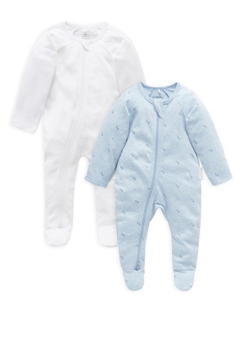 Purebaby white and blue 2 Pack Zip Growsuits 0B316KACED73ACGS_1