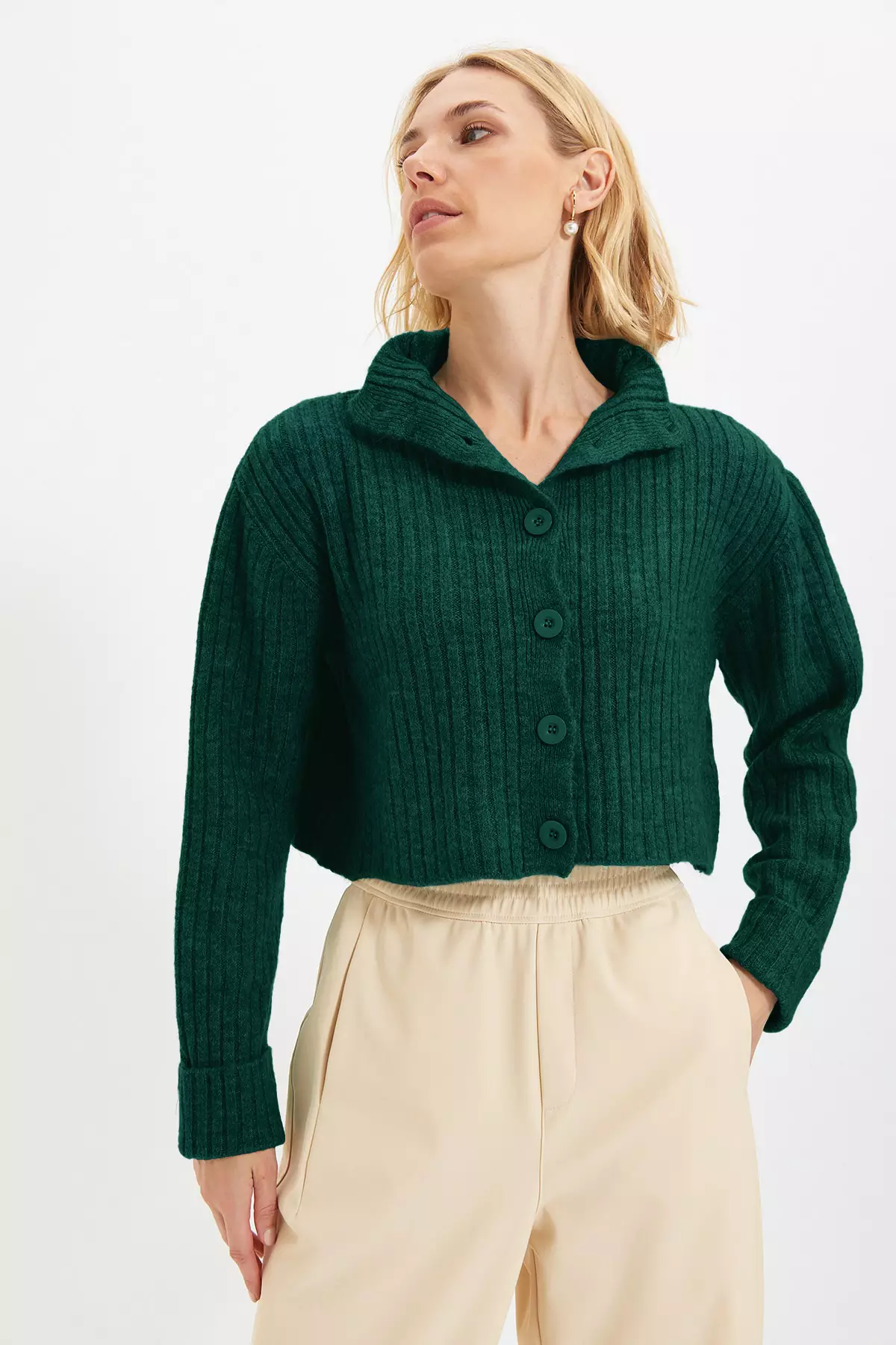 Emerald Green Crop Soft Textured Stand Collar Knitwear Cardigan