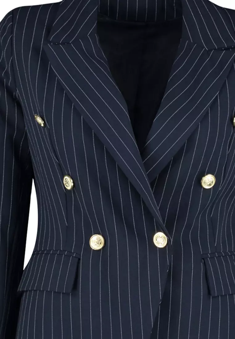 Navy Blue Striped Gold Buttoned Woven Jacket TBBAW24AG00027